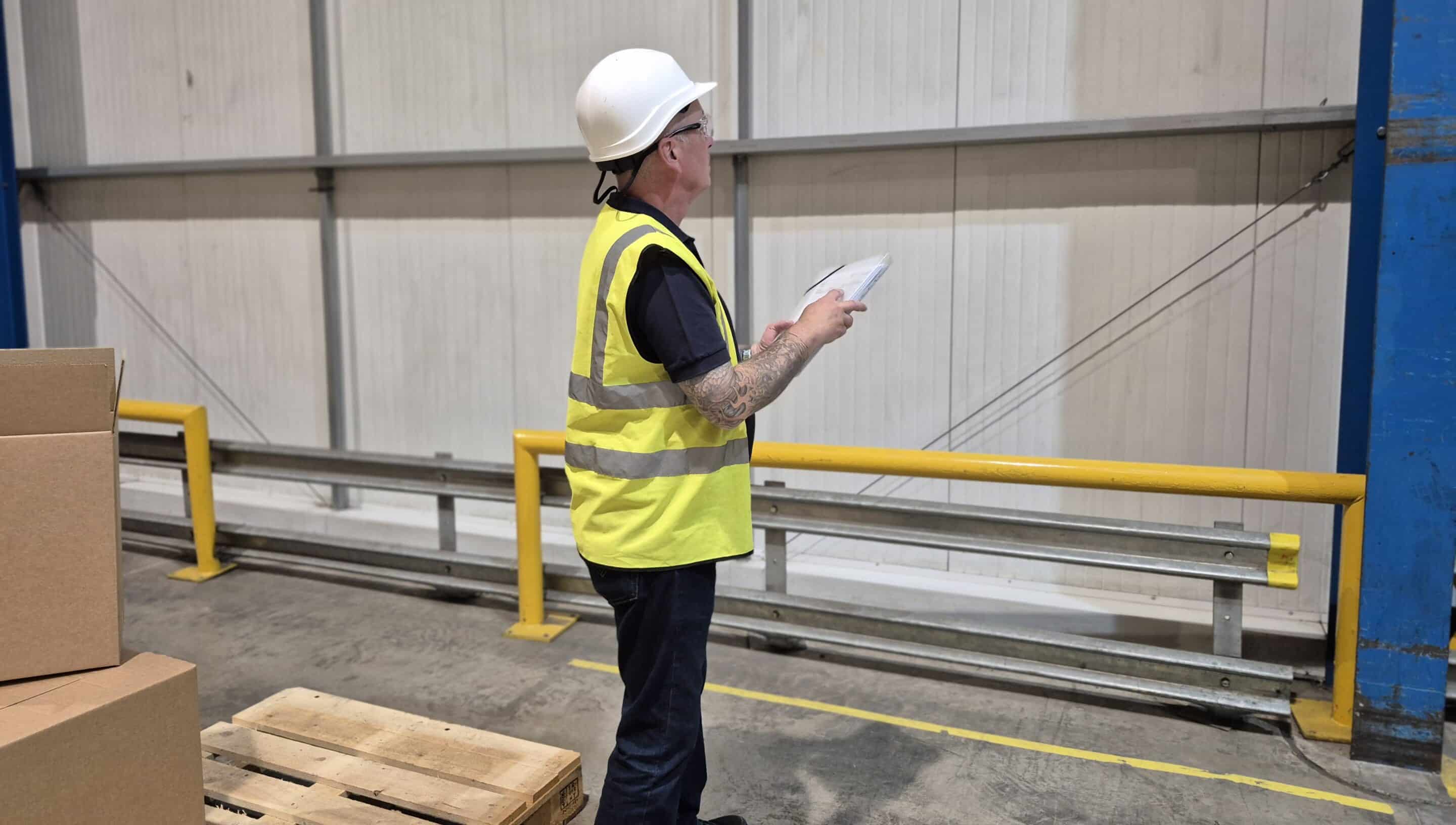 A person in high viz jacket and hardhat, holding a clipboard, inspecting a warehouse